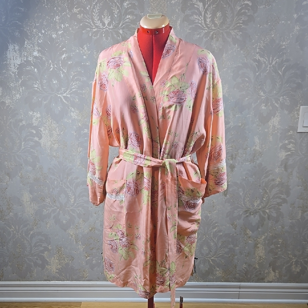 NK iMODE Pink Floral Silk Robe with Belt